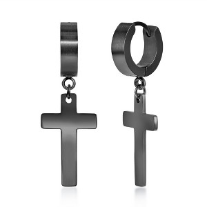 Metallo Stainless Steel Cross Charm Polished Huggie Hoop Earrings - Available Colors: Silver, Black - 1 of 2
