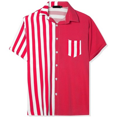 INSPIRE CHIC Men's Patchwork Striped Chest Pocket Color Block Short Sleeve Hawaiian Shirt