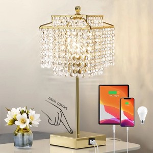 GTCLIGHTING Crystal Touch Table Lamp, Pink Bedside Lamp with USB C+A Ports, 3-Way Dimmable Lamp with Crystal Shade, Nightstand Lamp for Girl Bedroom - 1 of 4