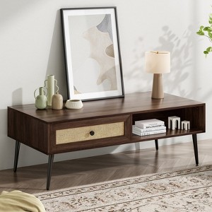 MOEPISY Mid-Century Modern Coffee Table, 47 Inch Rectangle Console Table with Drawer & Shelf, Walnut - 1 of 4