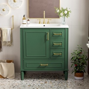 Whisen 30" Bathroom Storage Cabinet Bathroom Vanity with Ceramic Sink, Soft Close Doors and Three Drawers - 1 of 4