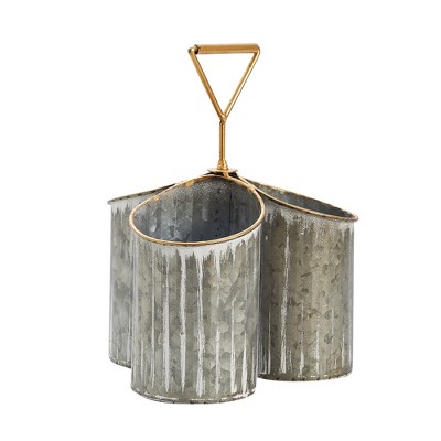 Farmlyn Creek 3 Compartment Vintage Galvanized Utensil Holder for Countertop Organizer, Multi-Purpose Caddy (Rustic, 7.8 x 8 x 10.6 In)
