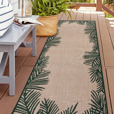 Tropical Palm Floral Green Synthetic 2'x7' Indoor/Outdoor Rug