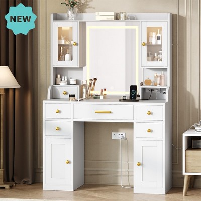 Jojoka Large White Makeup Vanity Desk with LED Mirror, 4 Cabinets, Built-in Charging Station, 6 Drawers, Shelves for Cosmetics & Jewelry