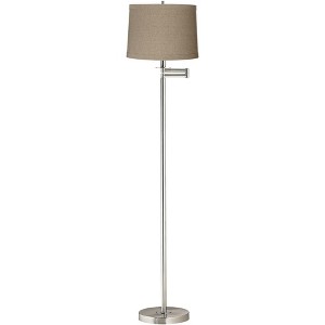 360 Lighting Modern Floor Lamp Swing Arm 60.5" Tall Brushed Nickel Natural Linen Drum Shade for Living Room Reading Bedroom Office - 1 of 4