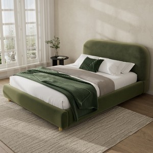 ORRD Upholstered Platform Bed with Curved Thick Headboard, Velvet Fabric Frame, Olive Green - 1 of 4