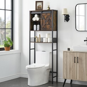 Over The Toilet Storage Cabinet, Farmhouse Bathroom Cabinet with Sliding Door - Adjustable Shelf Rustic Brown - 1 of 4
