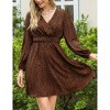 Women's Puff Long Sleeve Wrap Smocked Waist Chiffon Leopard Print Mini Dress - 3 of 4