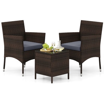 Tangkula 3 PCS Outdoor Conversation Set w/ Cushioned Seat & Tempered Glass Tabletop