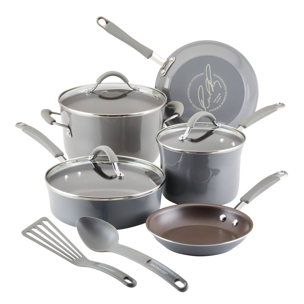 Photos - Bakeware Rachael Ray Cucina 10pc Porcelain Enamel Nonstick Cookware Set Sea Salt Gr