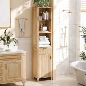 VINGLI Narrow Fluted Bathroom Floor Skinny Storage Cabinet with 1 Fluted Door&Drawer,68" Tall Narrow Slim Bathroom Cabinet Natural Oak Color - 1 of 4