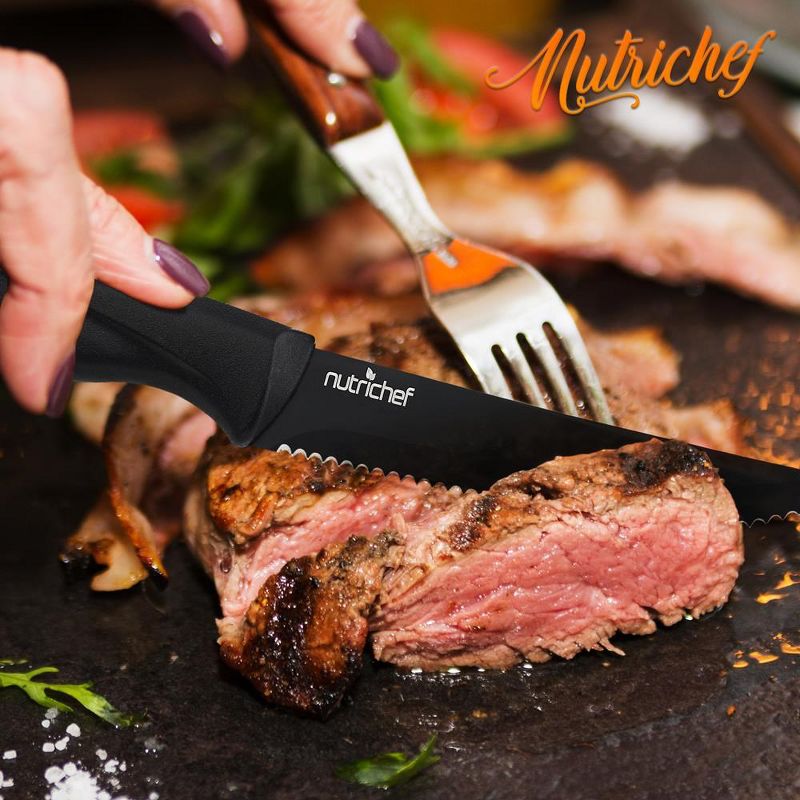 NutriChef 8 Pcs. Steak Knives Set - Non-stick Coating Knives Set with Stainless Steel Blades, Unbreakable knives, Great for BBQ Grill (Black), 3 of 4