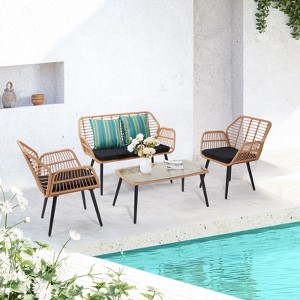 Karl Home 4-Piece PE Wicker Patio Conversation Set with Black Cushions - 1 of 4