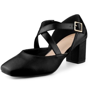 Allegra K Women's Cross Strap Buckle Closure Chunky Heels Ballet Pumps - 1 of 4