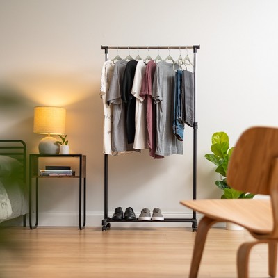 Adjustable Black Metal Single Rod Garment Rack with Wheels