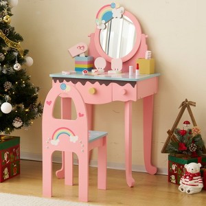 Angel Sar Rainbow Kids Vanity Table and Chair Set with 7-Piece Pretend Makeup Toys, Princess Dress-Up Table with Mirror, 3 Drawers & Stool - 1 of 4