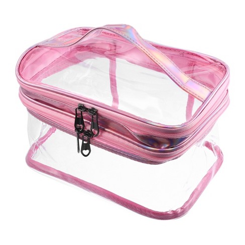 Unique Bargains Double Layer Makeup Bag Travel Bag Make Up Organizer Clear Bags For Women 1 Pc Pink :
