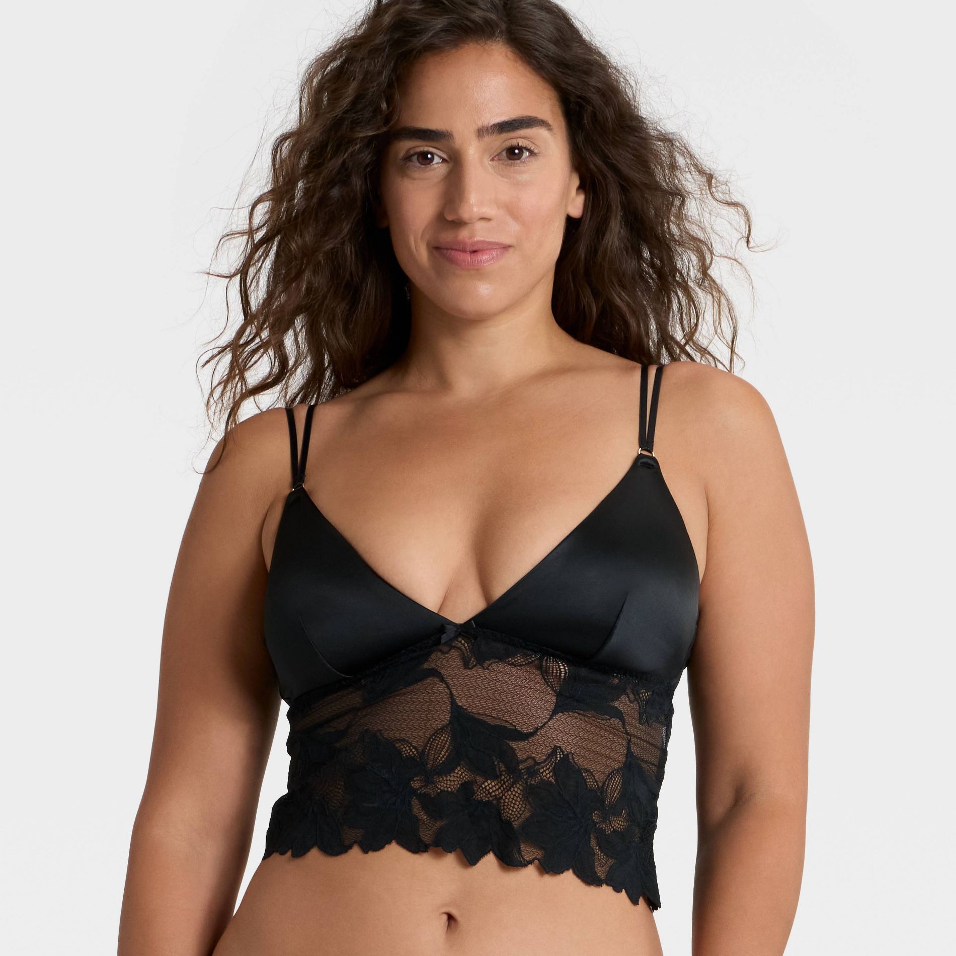 Women's Satin and Lace Removable Pad Longline Bralette - Auden™ Black L