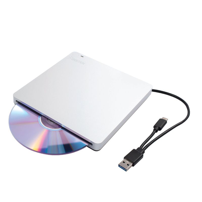 Insten External CD DVD Drive for Laptop, USB 3.0 Type-C Portable CD DVD Player Burner Reader Rewrite Optical Disk, Silver, 1 of 10