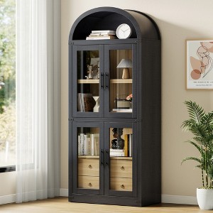 Garvee Arched Bookshelf with Doors and Drawers Farmhouse Bookcase Display Storage Shelves 71.4in Tall Wooden Display Cabinet Rounded Bookcases - 1 of 4