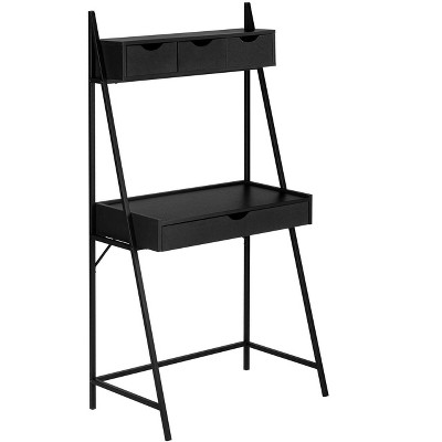 Vynxaria Modern Leaning Black Laminate Computer Desk Black Metal Frame Storage Drawers for Home Office Laptop Work