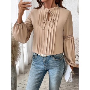Coolmee Women's Puff Long Sleeve Shirts for Dressy Casual Fashion Pleated Blouse Tops - 1 of 4