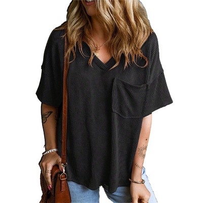 Women Summer Tops Mini Striped V Neck T-Shirts Drop Shoulder Short Sleeve Rib Textured Tops Loose Fit Lounge Tee Shirt Tops with Pocket