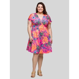 24seven Comfort Apparel Plus Size Pink Paisley V Neck Empire Waist Knee Length Dress - 1 of 4