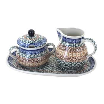 Blue Rose Polish Pottery 522 Ceramika Artystyczna Large Cream & Sugar Set with Tray