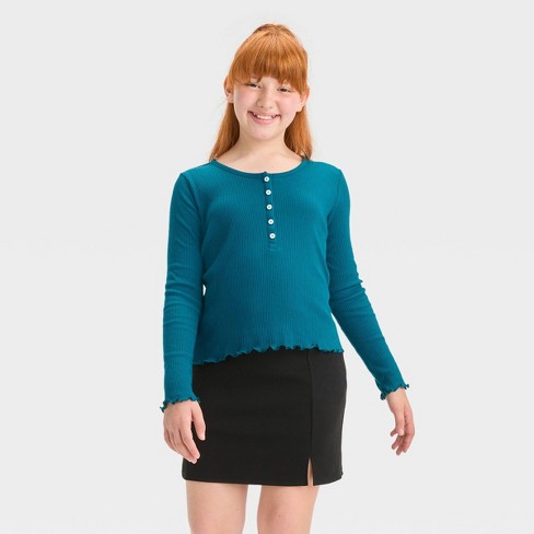 Girls' Long Sleeve Button-down Henley T-shirt - Art Class™ Teal Blue Xl :  Target