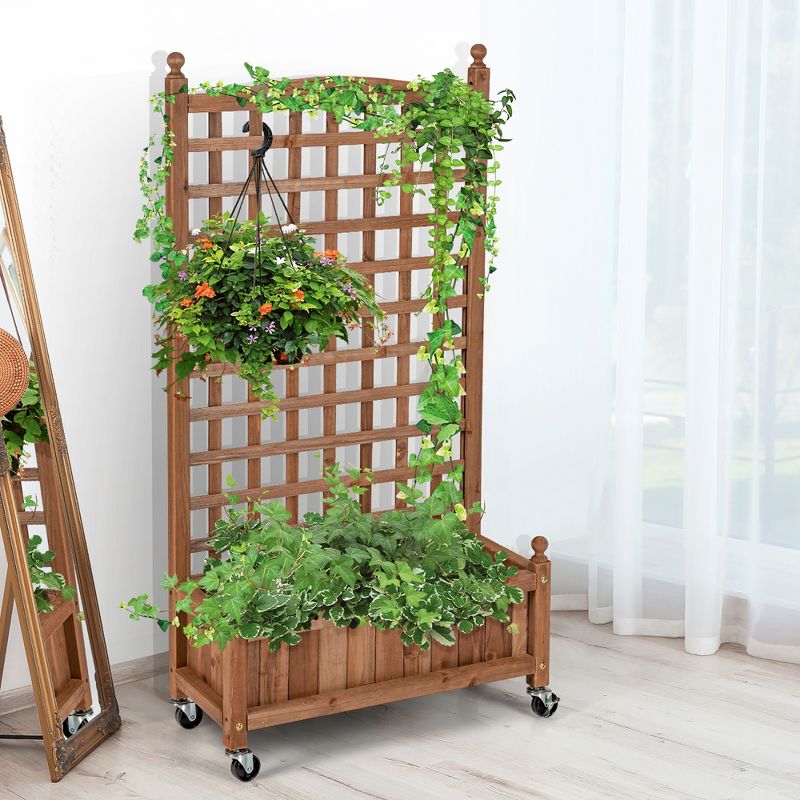 Costway 2PC 50in Wood Planter Box  w/Trellis Mobile Raised Bed for Climbing Plant, 2 of 11