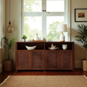 Mshliw 63" Rattan Sideboard Buffet Cabinet with Adjustable Shelves, Large Storage Credenza & Media Console for Living Room, Entryway & Kitchen - 1 of 4