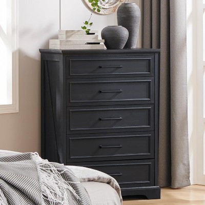 46" Farmhouse 5 Drawers Dresser for Bedroom, Tall Wood Chest of Drawers with Natural Texture for Bedroom, Living Room