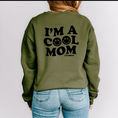 Simply Sage Market S.W.Smiley I'm A Cool Mom Smiley Face Front And Back Sweatshirt - M - Military