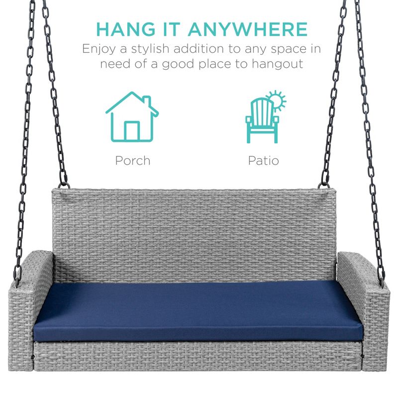 Best Choice Products Woven Wicker Hanging Porch Swing Bench for Patio, Deck w/ Mounting Chains, Seat Cushion, 4 of 10