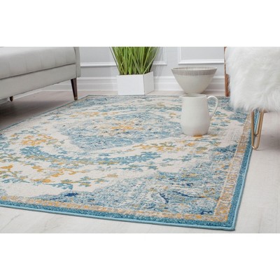 Ivory and Blue Rectangular Synthetic Vintage Area Rug, 5' x 7'