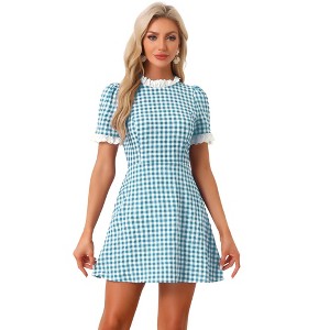 Allegra K Women's Summer Ruffle Neck Lace Panel Short Sleeve Check Gingham Dress - 1 of 4
