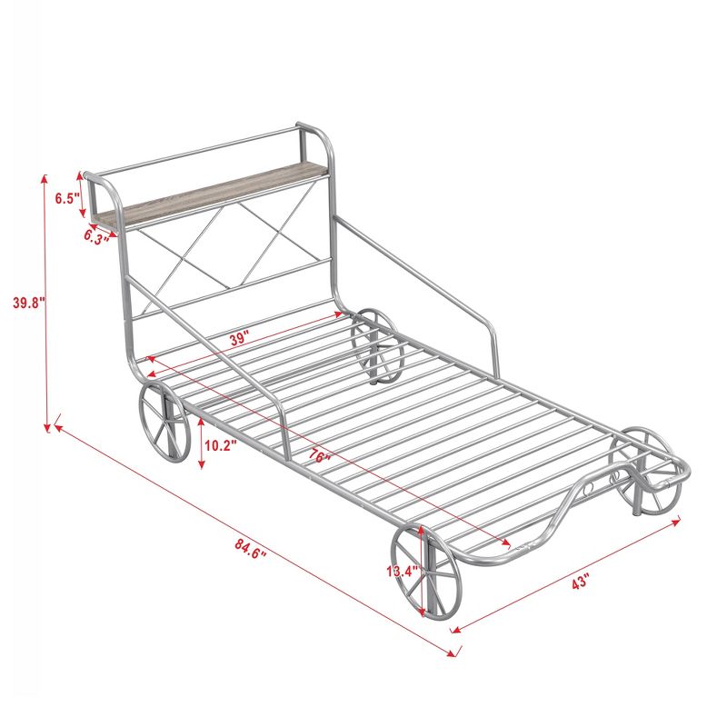 Twin Size Metal Car Bed with Four Wheels, Guardrails and X-Shaped Frame Shelf - ModernLuxe, 4 of 11