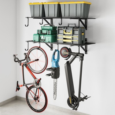 LOVMOR Heavy Duty Garage Wall Shelving,2x4FT Garage Shelves Wall Mounted with Hooks