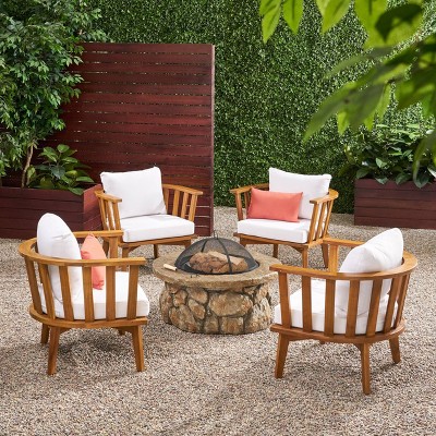 Clarendon 5pc Acacia Wood Club Chairs and Fire Pit Set - Teak/White/Natural Stone - Christopher Knight Home