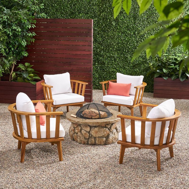 Clarendon 5pc Acacia Wood Club Chairs and Fire Pit Set - Teak/White/Natural Stone - Christopher Knight Home, 1 of 8