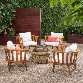 Clarendon 5pc Acacia Wood Club Chairs and Fire Pit Set - Teak/White/Natural Stone - Christopher Knight Home