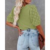 Womens Short Sleeve Lightweight Sweaters Crewneck Knit Pullover Tops with Crochet Sleeve Casual Crochet Blouse Shirt for Spring, Summer - 3 of 4