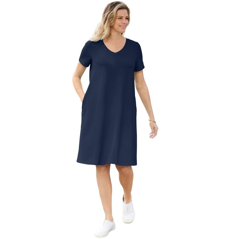 Woman Within Women's Plus Size Perfect Short-Sleeve V-Neck Tee Dress, 1 of 2