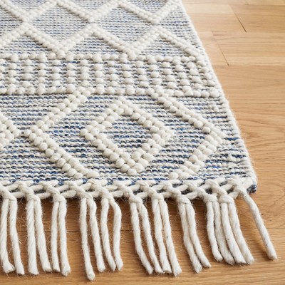Ivory and Blue Hand-Knotted Wool Cotton Square Rug