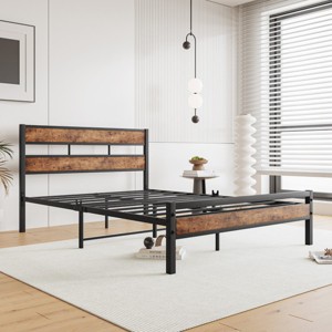 KTMBDW Twin/Full Size Platform Bed Frame with Rustic Vintage Wood Headboard, Strong Metal Slats Support, No Box Spring Needed, Brown - 1 of 4