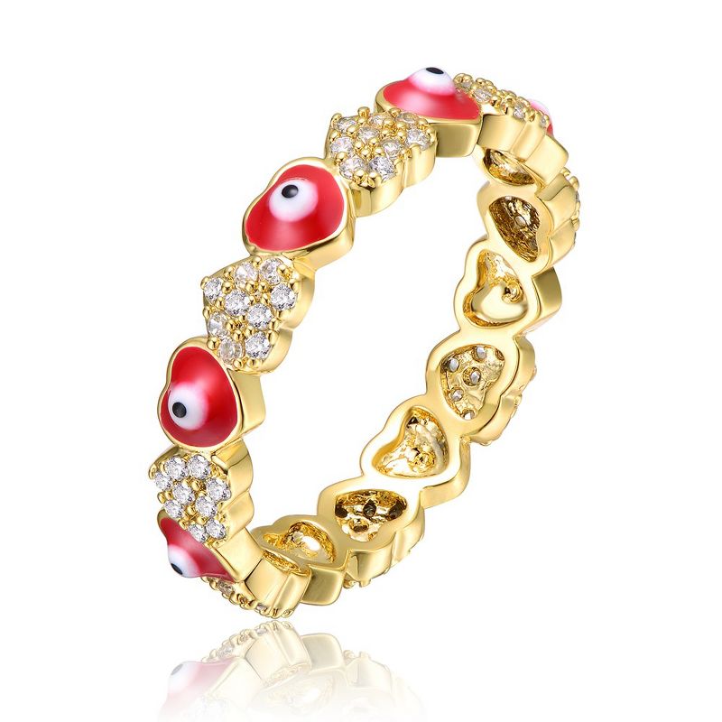Guili Young Adults/Teens 14k Yellow Gold Plated with Cubic Zirconia Colorful Enamel Evil Eye Repeating Hearts Stacking Ring, 1 of 4