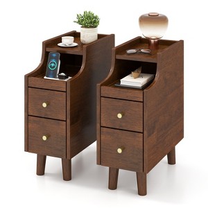 Tangkula 2PCS Solid Wood End Table w/Pull-out Tray & 2 Storage Drawers Cable Management - 1 of 4