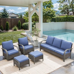 POCASSY 5PCS Outdoor Patio Furniture Set All-Weather Wicker Couch with Patio Swivel Rocking Outdoor Chairs and Ottomans, Patio Sofa Set for Backyard - 1 of 4