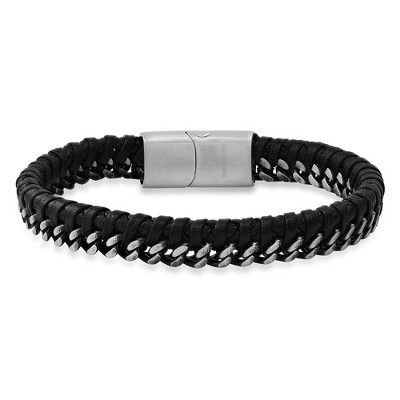 Steeltime Men's black braided leather and oxidized stainless steel wheat bracelet